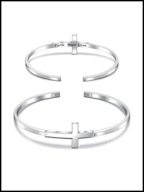 Sterling Silver Cross Bracelet Open Heart Adjustable Cuff Women